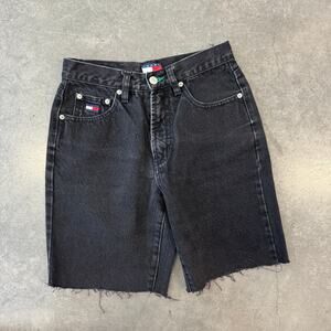 Vintage Y2K Tommy Jeans Cotton Frayed Hem Black High Rise Bermuda Jean Short 4